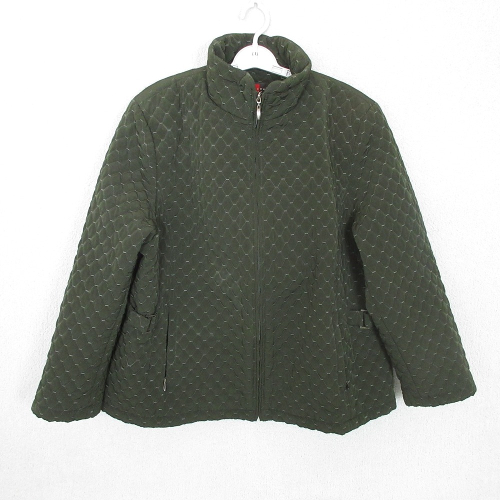 Gallery Woman Quilted Jacket Womens 2X Green Honeycomb Zip Mock Neck Puffer